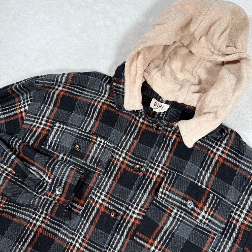 BIBI Plaid Flannel Shirt‎ Hooded Jacket Black Orange Grey Womens M